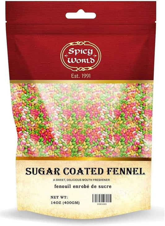 Spicy World Sugar Coated Fennel Seeds | Sweet Saunf Candy for Mouth Freshening - 14 Oz (400g) Pack | Premium Quality Fennel Mouth Freshener | Indian After Meal Digestive Treat