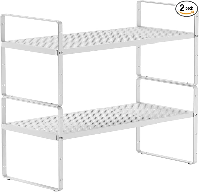 2Pack Expandable Cabinet Countertop Shelves 16.5-27ââL, Adjustable Metal Spice Rack Organizer, Stackable Kitchen Counter Storage Shelves Organizers for Cabinet Organization, White