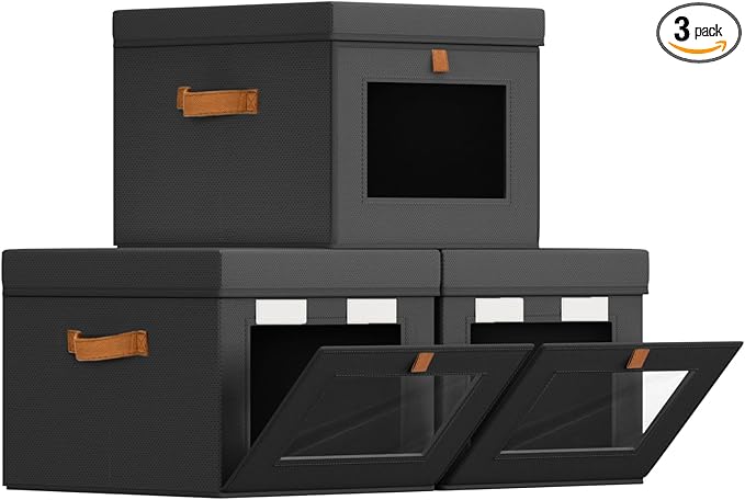 Storage Bins with Lid â Closet Organizer with Side Opening and Clear Window, Foldable Stackable Fabric Basket for Clothes, Home, Office - 13.77" x 11.8" x 9.8", 3 Pack, Black