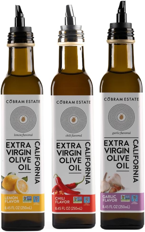 Cobram Estate Artisan Essentials Lemon, Garlic, and Chili Infused Olive Oil - Low-Fodmap Diet Friendly, First Cold Pressed 100% California Extra Virgin Olive Oil - Non-GMO, 3 x 250ml Bottles (Variety)