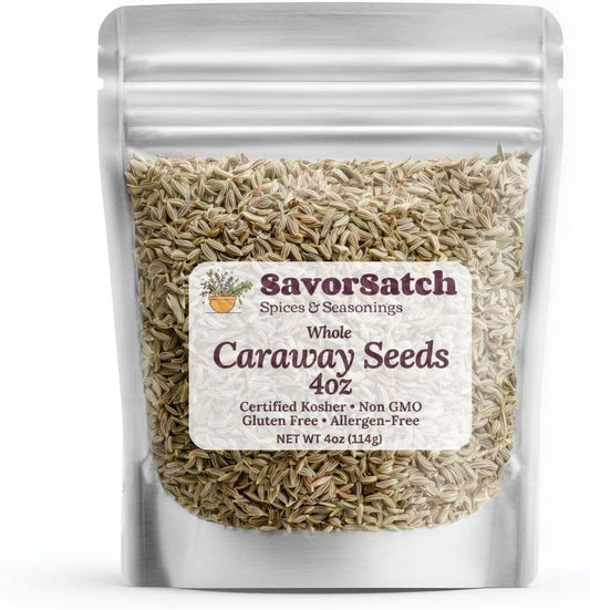 SavorSatch Whole Caraway Seeds – 4 oz Stand-Up Resealable Pouch | Aromatic Whole Caraway Seed Spice | Certified Kosher, Non-GMO | Fresh Flavor for Bread, Sauerkraut, Pickling, and Cooking | Bulk Spice Seasoning