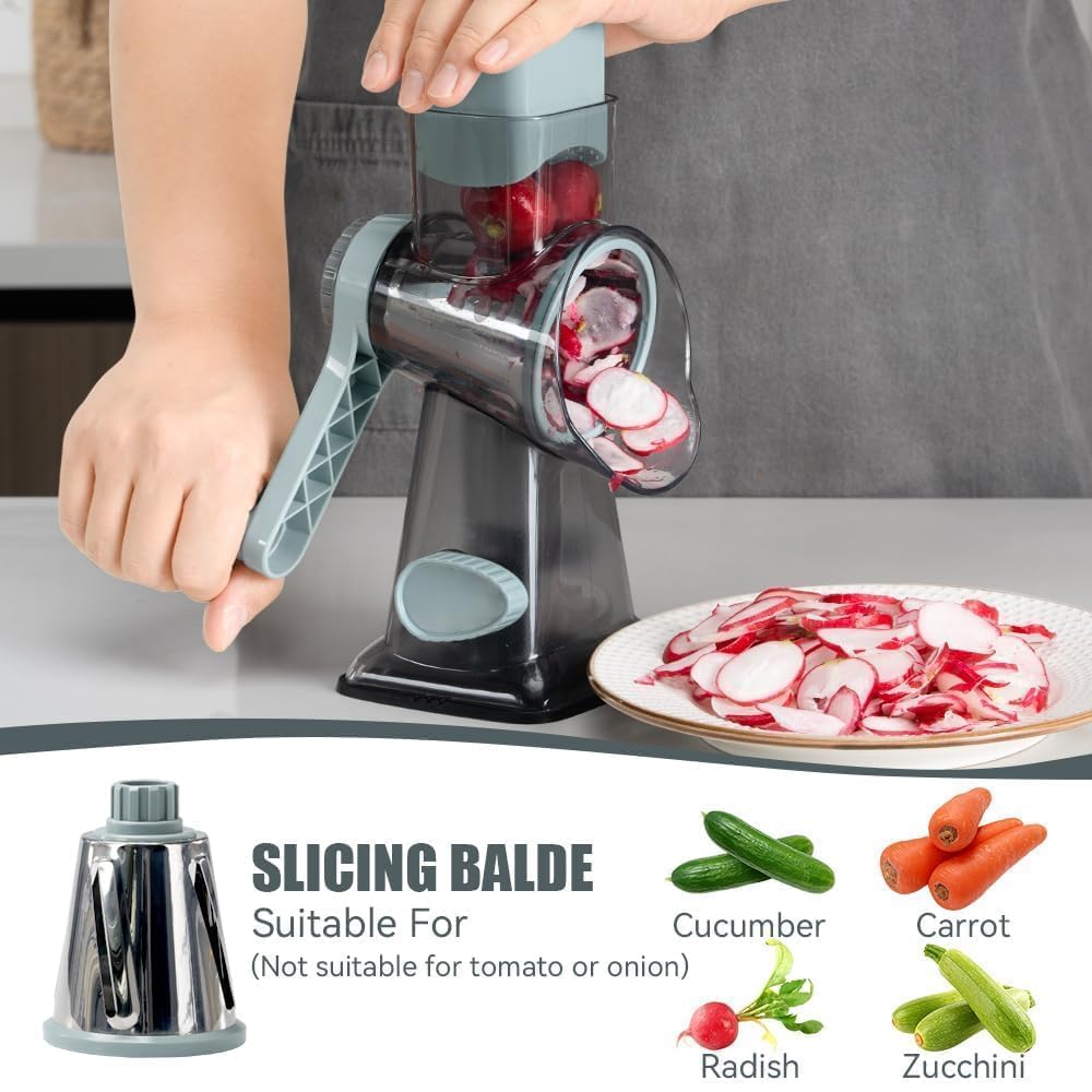 KEOUKE Rotary Cheese Grater Hand Crank Transparent - Shredder Slicer Grinder 3 Stainless Steel Blades, Stable Suction, Labor-Saving Handle, Safe Kitchen Tool for Cheese, Vegetable, Nuts, Chocolate