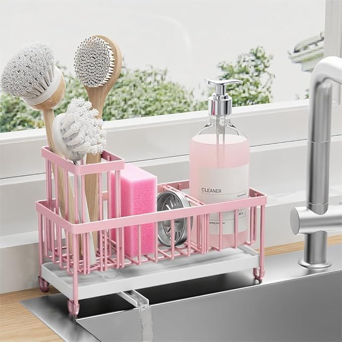 Cisily Sponge Holder for Kitchen Sink, Sink Caddy Organizer with High Brush Holder, Kitchen Countertop Organizers and Storage Essentials, Rustproof 304 Stainless Steel (Pink, 9.25â³)