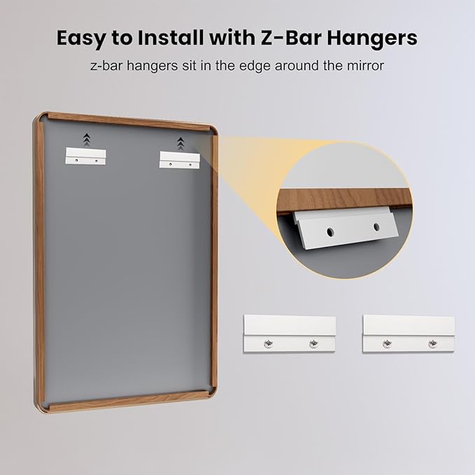 LOAAO 30X36 Inch Bathroom Mirror with Wood Grain Colored Metal Frame, Rounded Rectangle Metal Framed Bathroom Mirror, Anti-Rust, Hangs Horizontally or Vertically, Tempered Glass