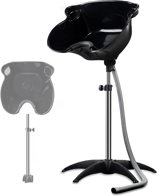 Portable Shampoo Bowl，Shampoo Basin Salon Sink Hair，Height & Angle Adjustable Hair Washing Bowl with Drain Hose，Black