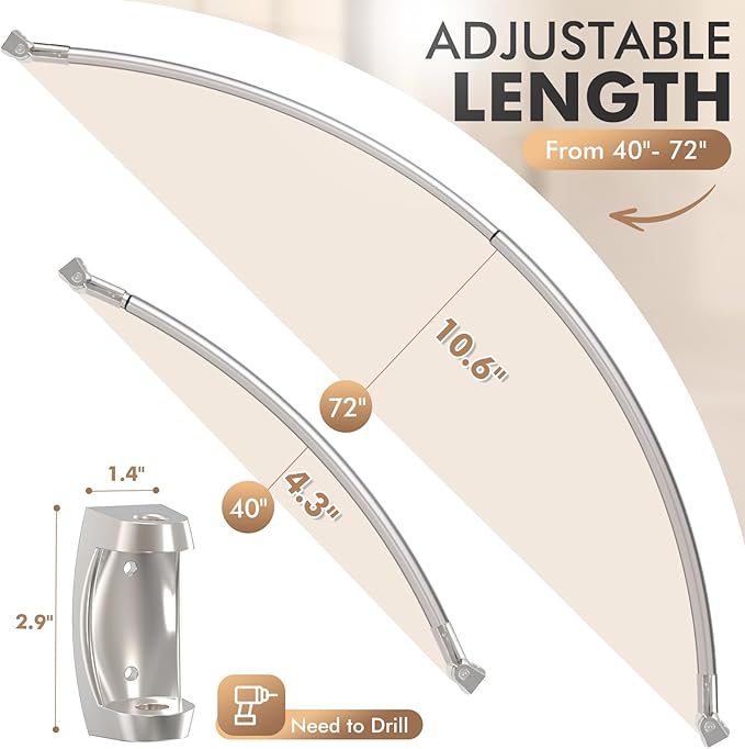 Curved Shower Curtain Rod for Bathroom, 40-72 Inches Adjustable Curved Shower Rod, 0.9MM Rustproof Shower Curtain Rod with Rotating Brackets for Extra Shower Space, Need To Drill, Brush Nickel