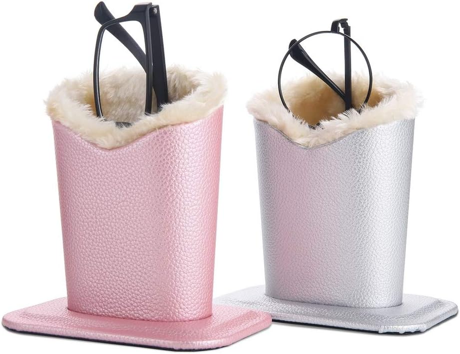Siveit Plush Lined Eyeglass Holder, PU Leather Eyeglass Case, Anti-Scratch Glasses Storage Organizer for Desk Office Nightstand,2 Packs(pink,silver)