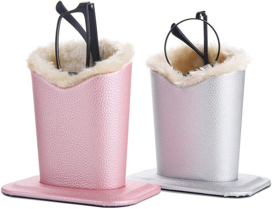Siveit Plush Lined Eyeglass Holder, PU Leather Eyeglass Case, Anti-Scratch Glasses Storage Organizer for Desk Office Nightstand,2 Packs(pink,silver)