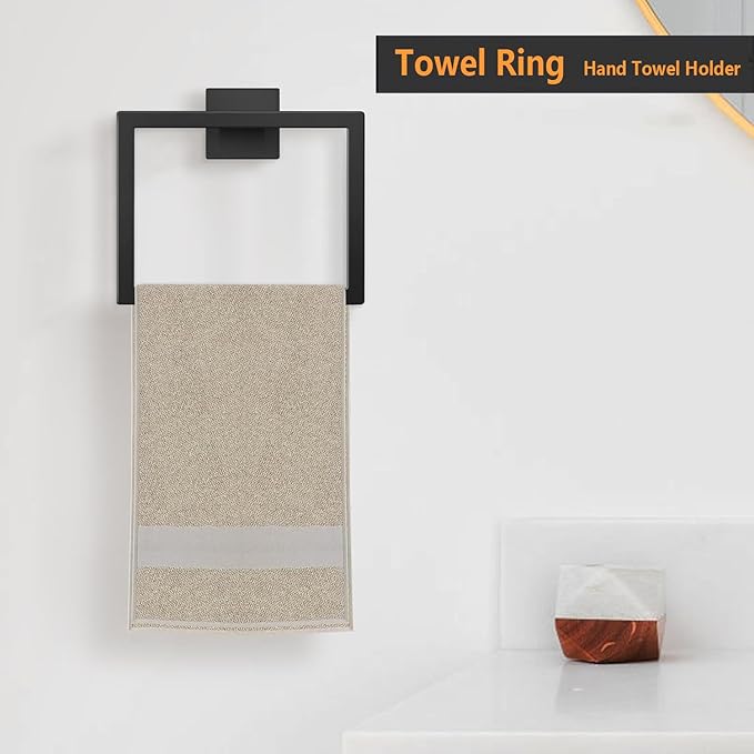 JOPOFI Towel Ring - Thicken SUS 304 Stainless Steel Towel Holder, Towel Racks for Bathroom, Square Modern Design Hand Towel Holder, Contemporary Hand Towel Bar - Matte Black