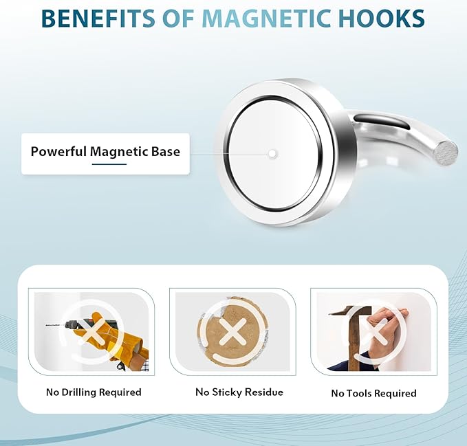 Neosmuk Magnetic Hooks, Heavy Duty 30lb+ Strong Magnet Hook for Cruise Cabins, Cruise Ship Essentials for Hanging, Metal Wall Refrigerator Hangers (Silver White, 12 Pack)