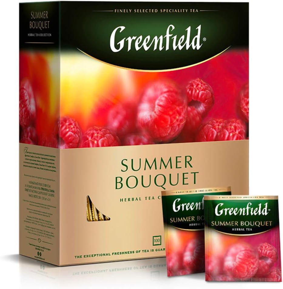 Greenfield Summer Bouquet Herbal Tea - 100 Individually Wrapped Tea Bags - Caffeine-Free Fruit Tea with Hibiscus, Rosehips, and Raspberry - Bright and Fruity Infusion - 7.05 oz