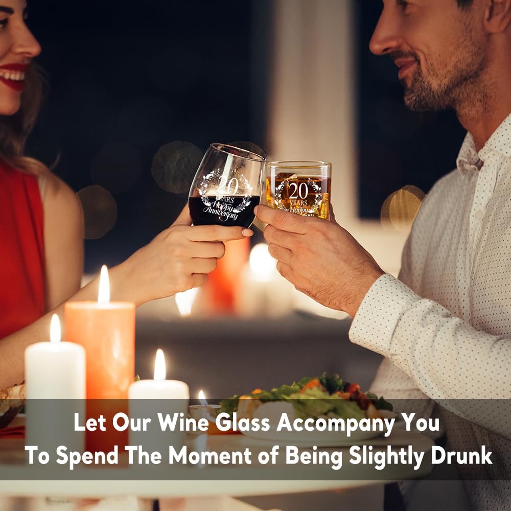 Perfectinsoy 20 Years Happy Anniversary Whiskey Glass and Stemless Wine Glass Gift Set, 20th Anniversary Wedding Gift For Mom, Dad, Soulmate, Couple, 20 Years Gifts, Happy 20th Anniversary