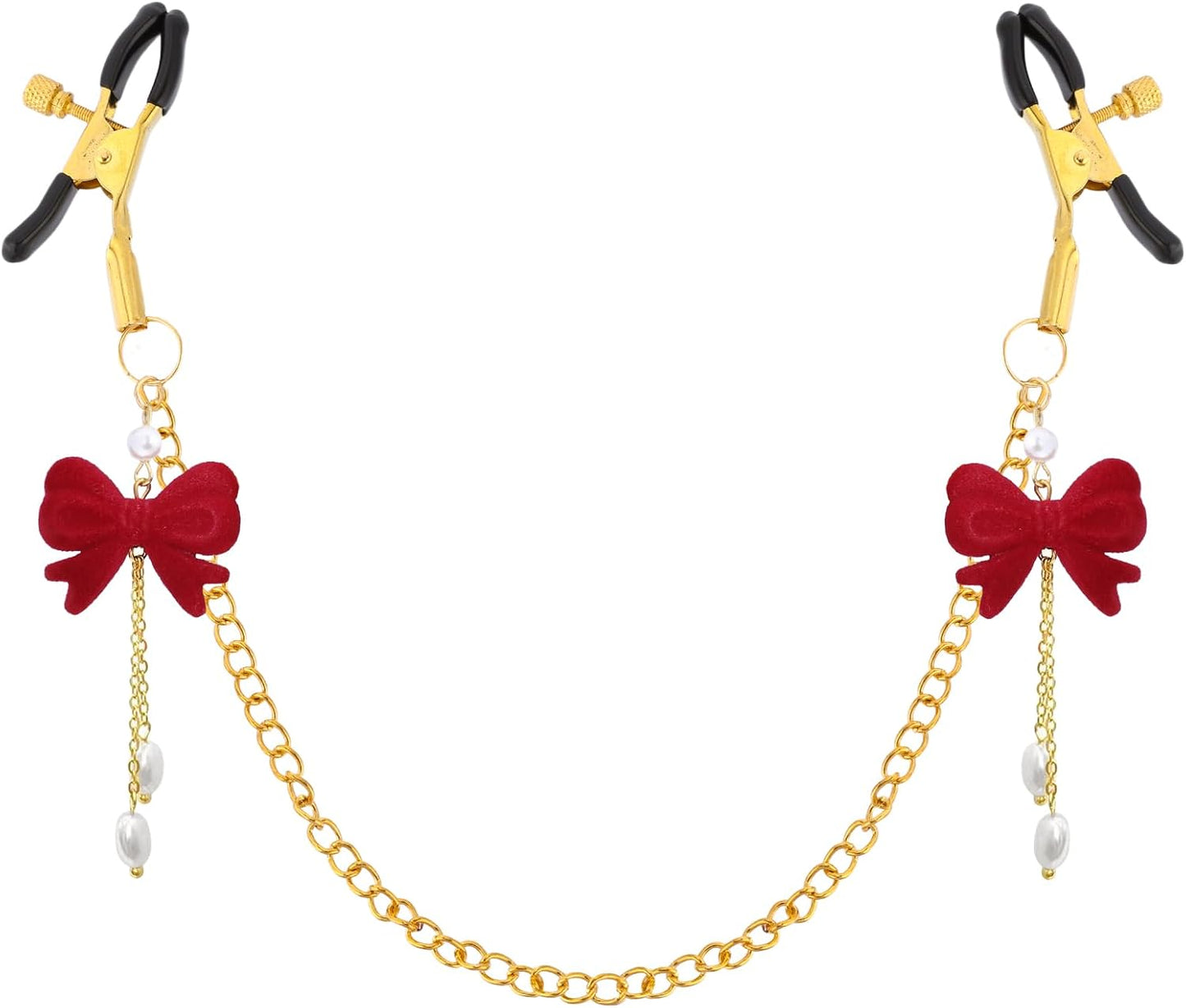 Red Bow Body Clamp with Chain - Adjustable Nipple Clips for Women Play Body Clamp Sensory Non-Piercing Metal Body Clips with Gold Chain Bedtime Play Couples Gift