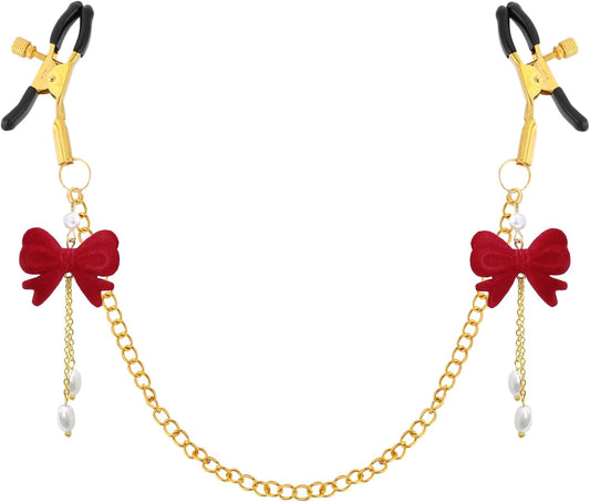 Red Bow Body Clamp with Chain - Adjustable Nipple Clips for Women Play Body Clamp Sensory Non-Piercing Metal Body Clips with Gold Chain Bedtime Play Couples Gift