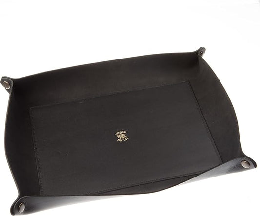 USA Handmade Premium Leather Valet Tray, Folds Flat! Dice Rolling Basket and Organizer with Brass Snaps - Reinforced Base - for Keys, Jewelry, Coin, EDC, Watch Storage Caddy - Black XLarge
