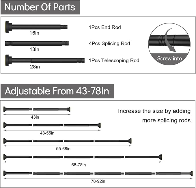 Thestoa Shower Curtain Rod Adjustable 43-92 inch, 1"Diameter Spring Tension Curtain Rod No Drill, Anti-Rust Non-Slip Shower Rod, Black Shower Curtain Rod for Bathroom Tension