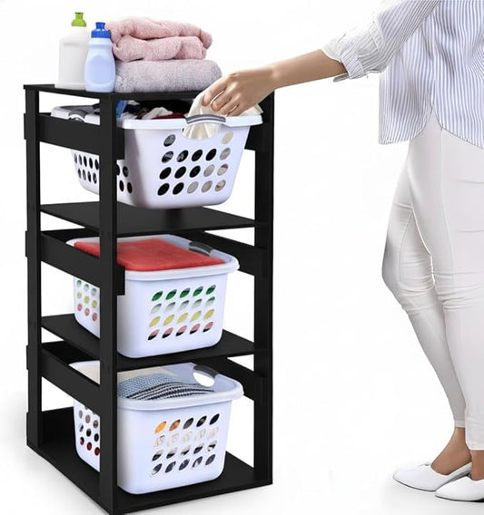 Laundry Basket Holder Shelf â Stackable Engineered Wood Laundry Tower, Tiered Hamper Organizer for Bathroom, Bedroom, Closet (Black, 3 Tier)