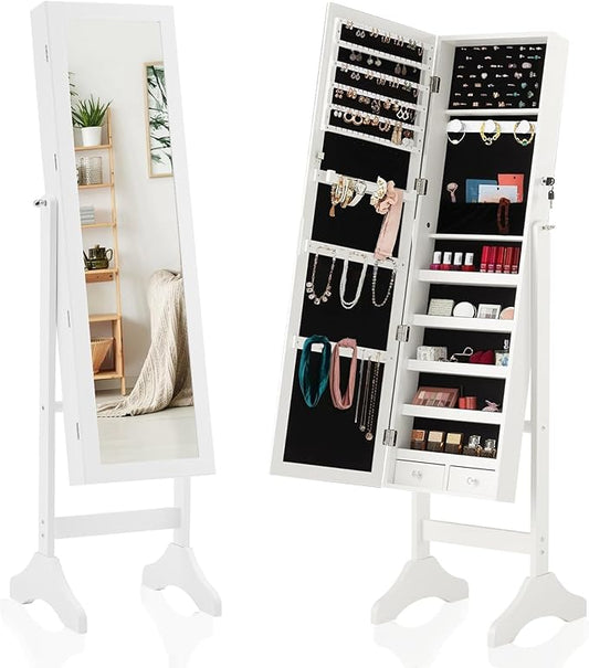 Elegant White 47.3" Jewelry Armoire with Full-Length Mirror-Lockable Velvet-Lined Storage, 3-Angle Adjustable Mirror, 5 Shelves, 2 Locks & Bonus Pouch