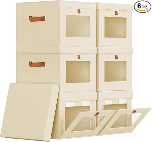 Storage Bins with Lid â Closet Organizer with Side Opening and Clear Window, Foldable Stackable Fabric Basket for Clothes, Home, Office - 13.77" x 11.8" x 9.8", 6 Pack, Beige