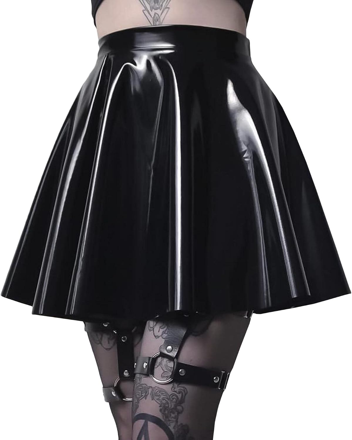 SEMATOMALA Women's PVC PU Leather Short Skater Skirt Black Latex Wet Look Shiny Pleated Flared A Line Mini Skirt Clubwear