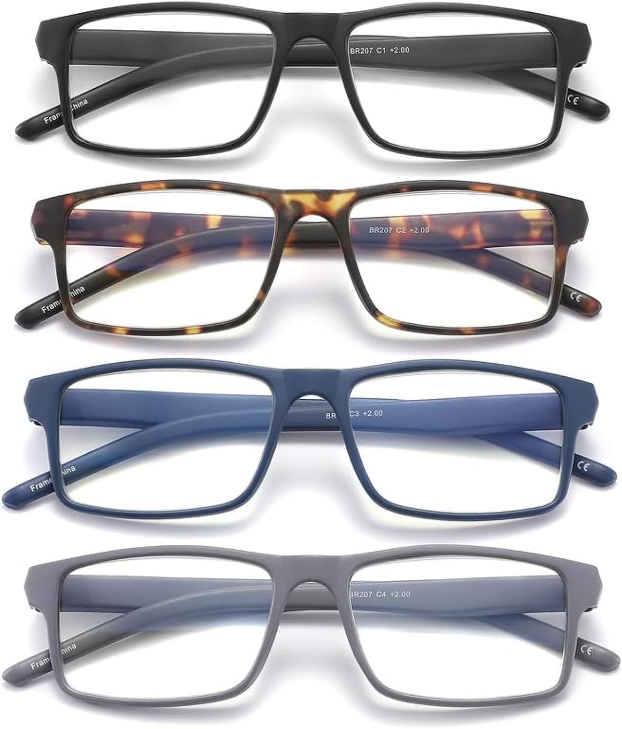 4 Pack Reading Glasses Blue Light Blocking for Men Women, Rectangular Frame Computer Readers with Spring Hinge, Anti Eyestrain/UV Ray Eyeglasses (2.0x)
