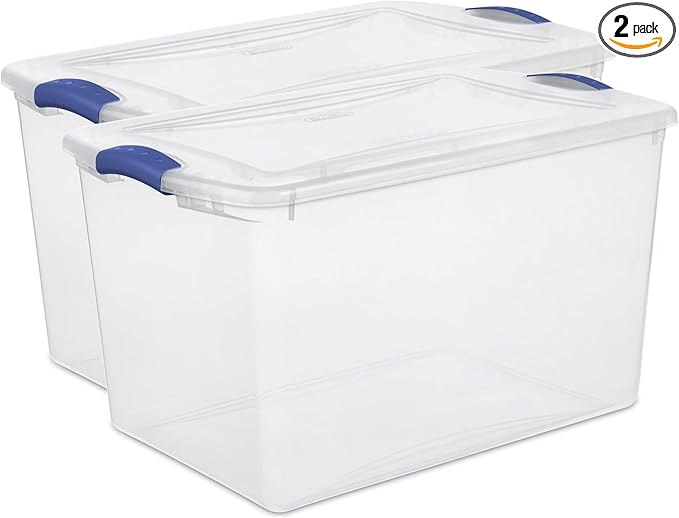 2 Pack 66 Quart Durable Storage Bin â Clear Plastic Container with Secure Blue Latch Lid, Stackable for Home, Closet, Garage, Basement & Attic Organization