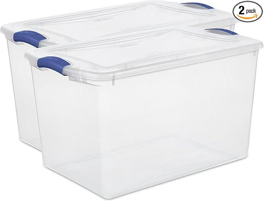 2 Pack 66 Quart Durable Storage Bin â Clear Plastic Container with Secure Blue Latch Lid, Stackable for Home, Closet, Garage, Basement & Attic Organization