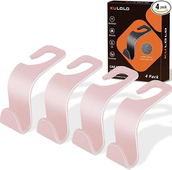 Car Seat Hooks & Purse Holder - 4 Pack Boxed,55 lb Heavy Duty,Eco PP Car Hooks for Purse/Bag/Baby Gear/Gym Bag/Groceries/Cup/,Fits 0.32-0.55âCar Headrest Rods (Pink-2)