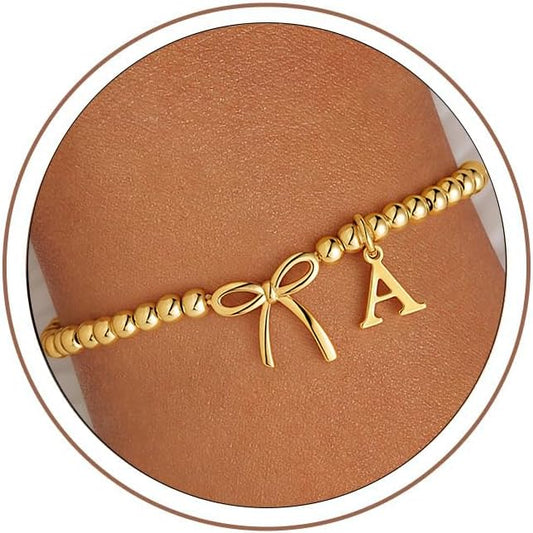 M MOOHAM Initial Bracelet - Bow Bracelets for Women, 14K Gold Plated Letter A-Z Beaded Bracelet for Teen Girls, Charm Stretch Initial Bracelets, Women Dainty Bow Jewelry Personalized Birthday Gifts