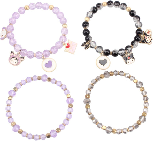 Cute Cartoon Charm Beaded Stretch Bracelet Set, Crystal Beads with Enamel Animal Charms