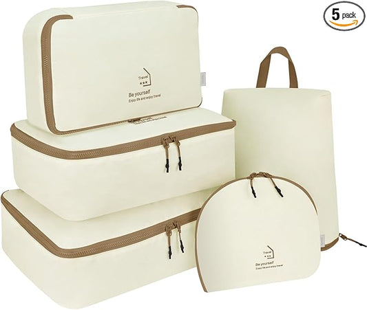 5 Set Packing Cubes for Travel, Various Sizes Luggage Organizer Bags with Double Zipper, Durable Space Saver Bags Travel Essentials (5 Set, Beige)