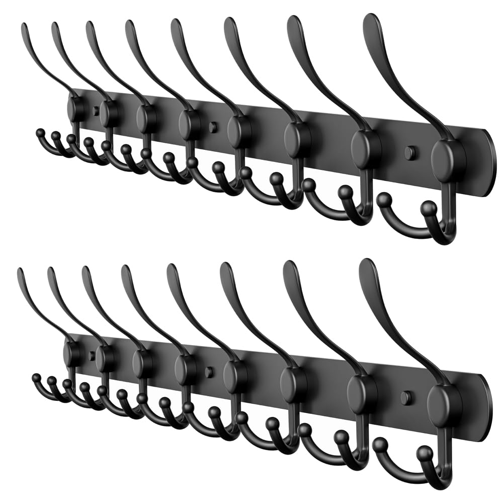 Coat Rack Wall Mount with 8 Tri Hooks, Stainless Steel 24 Inch â Black Matte Finish, Heavy Duty Wall Mounted Hook Rack for Coats, Hats, Towels, Scarfs, Robes, Bags, Entryway & Bathroom - 2 Pack