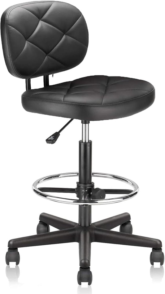 KLASIKA PU Leather Rolling Bar Stool with Wheels and Back, Tall Drafting Stool with Adjustable Height and Footrest, Multi-Purpose Office Desk Chair for Home Kitchen Shop Work, Black (1PK)