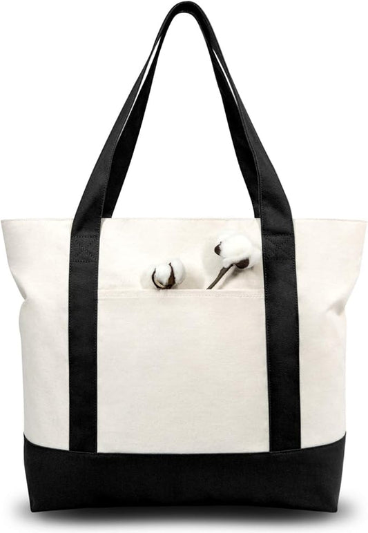 TOPDesign 3-Pack Canvas Tote Bags with an External Pocket, Reusable Grocery Shopping Bags, Top Zipper Closure, Daily Essentials (Black/Natural)