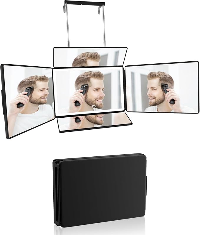 Aokoka 5 Way Mirror with Light for Self Hair Cutting, 360Â° Barber Mirror for Men Shaving, Makeup Mirror with Height Adjusta for Braiding Hair Styling Dye Hair for Women