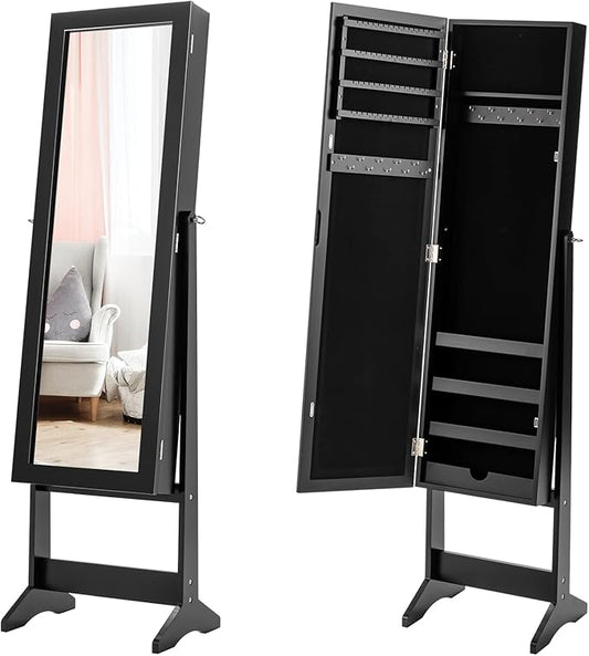 GOFLAME Jewelry Cabinet, Jewelry Organizer with Full Length Mirror Door, Standing Makeup Mirror Cabinet, Freestanding Jewelry Organizer with Large Storage Capacity (Black)