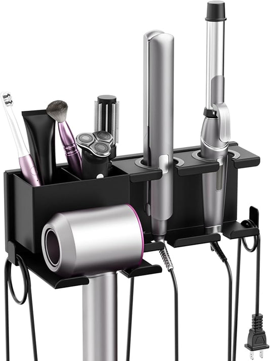 YSD Hair Dryer Holder Wall Mounted, Metal Hair Tools Organizer, Hair Dryer Holder for Blow Dryer, Curling Iron, Straightener, 3 in 1 Bathroom Hair Tool Organizer, Black