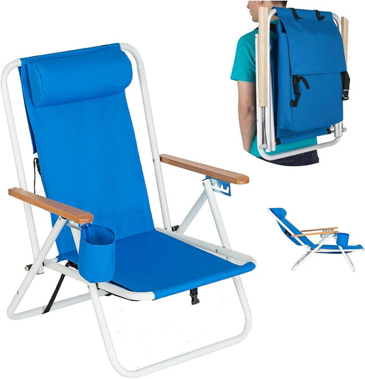 HOMSUPPLIE'S Folding Beach Chair Adjustable Headrest w/4 Flexible Tilt Angle, with Backpack Design, Headrests, Cup Holders & Armrests - Ideal for Sand,Camping, Lawn Concerts (Headrest,Blue, 1 pcs)