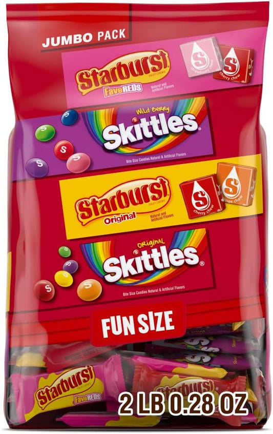 Skittles, Starburst Fun Size Chewy Candy Assorted Variety, Individually Wrapped, 32.28 Ounces, Bulk Bag