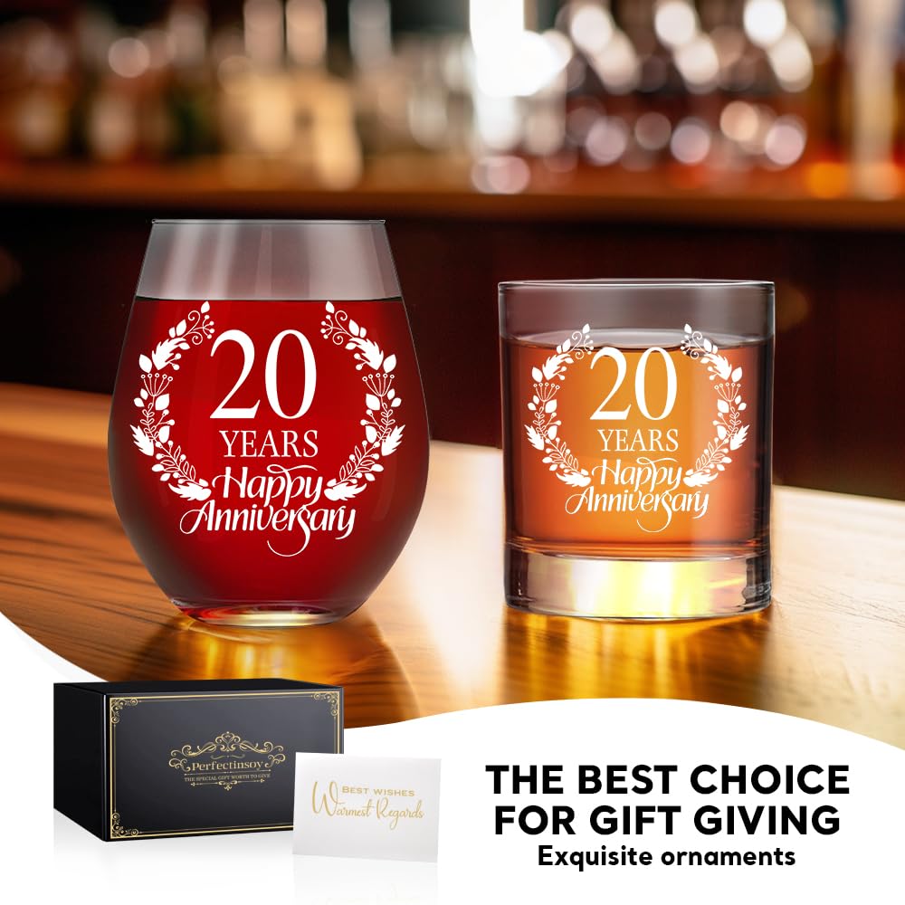 Perfectinsoy 20 Years Happy Anniversary Whiskey Glass and Stemless Wine Glass Gift Set, 20th Anniversary Wedding Gift For Mom, Dad, Soulmate, Couple, 20 Years Gifts, Happy 20th Anniversary