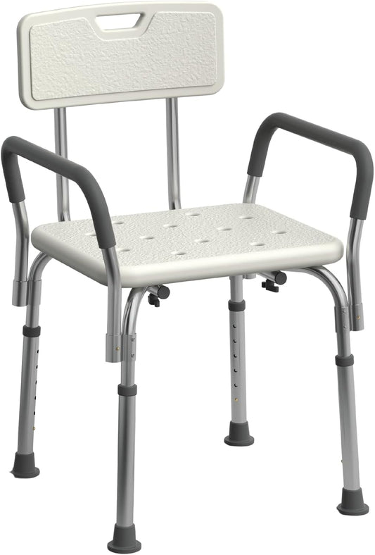 Medline Shower Chair for Elderly, Seniors, Adults & Disabled, Aluminum - Heavy Duty Shower Seat with Padded Arms and Back, Adjustable Height Bath Stool for Bathtub, 350 lb, Slip Resistant