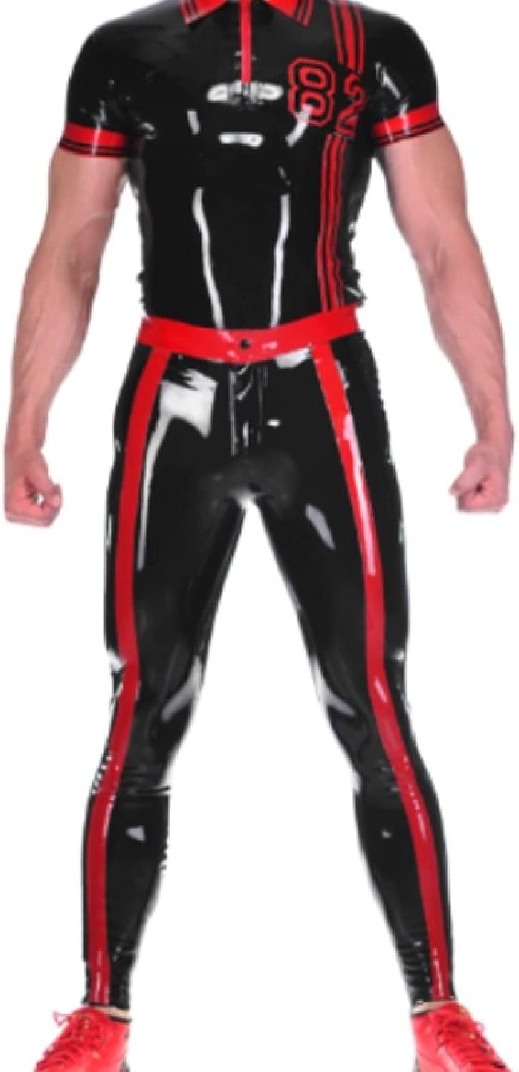 Latex Rubber Suit Short Sleeve Coat Sexy Black with Red Policeman Color Unisex Customized Size XXS-XXL
