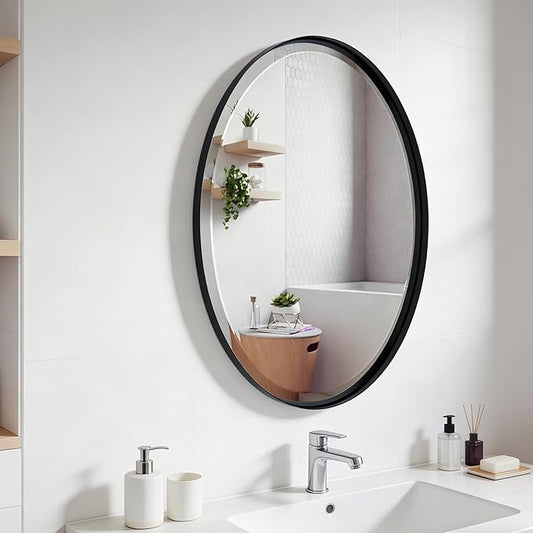 POZINO Oval Bathroom Mirror, 22"x30" Black Beveled Mirrors, Rounded Mirror for Over Sink, Modern Vanity Wall Mirror in Premium Stainless Steel Frame, Wall Mount Hangs Horizontal Or Vertical