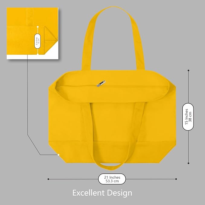 TOPDesign 6-Pack Canvas Tote Bags with an External Pocket, Reusable Grocery Shopping Bags, Top Zipper Closure, Daily Essentials (Yellow)