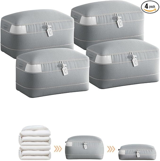 Compression Storage Bags for Comforters - 4 Pack Long Large 100L Compression Bags, 3-Layer Washable Ultra Space Saving Self Comforter Storage Bag for Blankets, Sheets, Clothes, Gray
