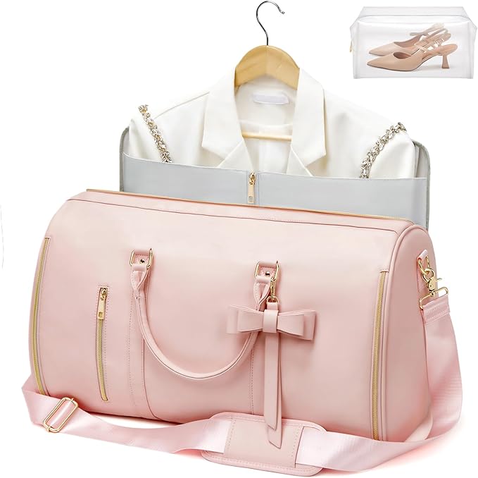 Garment Bags for Travel, Convertible Suit Travel Bag for Women, Fashion & Cute Carry On Garment Bag w/Shoes Pouch, 2 in 1 Foldable PU Leather Hanging Duffle Bag, Single-Zipper Design, Pink