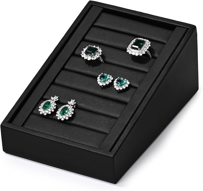 Premium Ring Display Stand Rings Tray Holder Small Ring Organizer Case PU Leather Rings/Earrings Stand Bearer(Black)