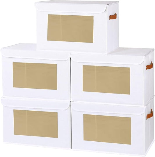 Fabric Storage Boxes with Lids, 13 x 9.1 x 7.9 Inch Closet Organizers for Shelves, Foldable Storage Bins with Handles, White, 5-Pack