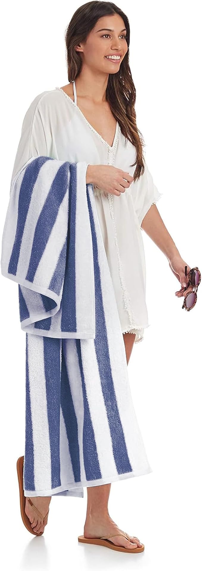 Amazon Basics 100% Cotton Soft & Absorbent Beach Towels, Cabana Stripe, Fast Drying, Machine Washable, Large 30 in x 60 in, Navy Blue, 2-Pack