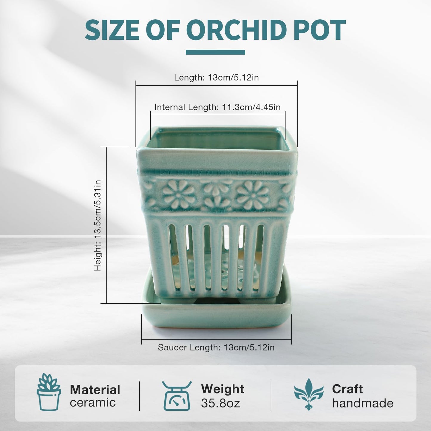 SUADEN Orchid Pots with Holes | 5" Ceramic Orchid Planter with Separate Saucer and Drainage Holes | Crackle Glazed Pottery Small Flower Pot for Repotting Orchids（Blue）"